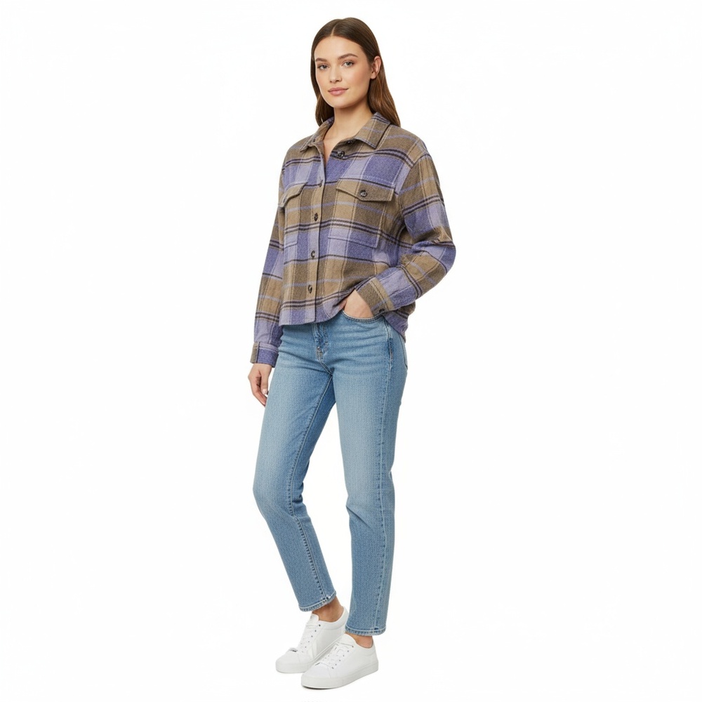 Sanctuary Anthropologie Brown Plaid Long Sleeve Shacket Utility Jacket Size XS